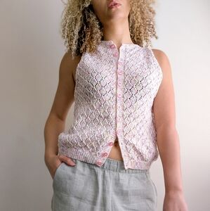Vintage Hand Knit Y2K Pink Preppy Cottagecore Knitted Button Up Sweater Vest